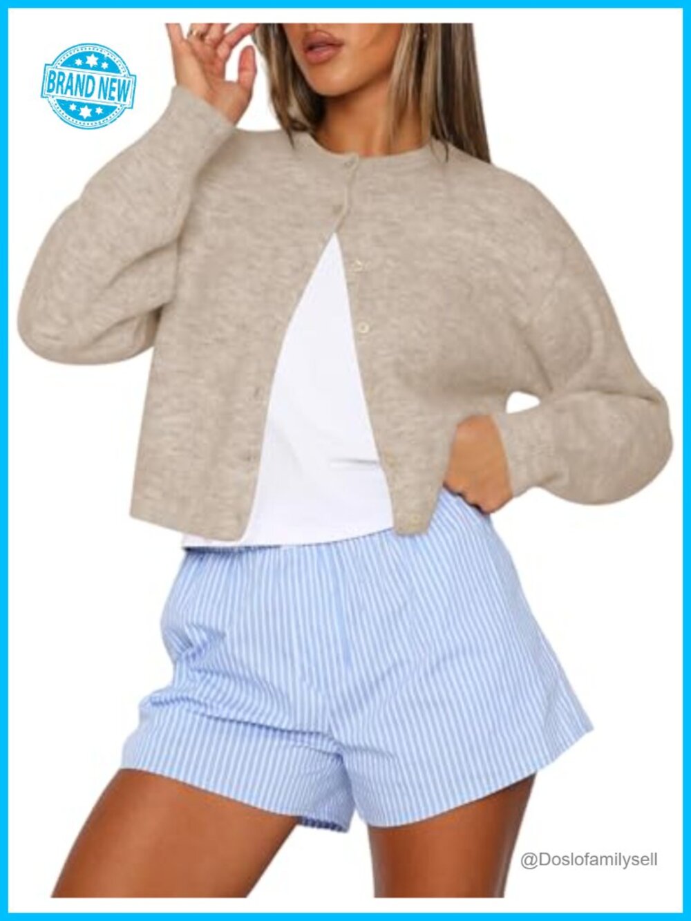 Womens Cropped Button Up Cardigan Crew Neck Long Sleeve Knit Sweater